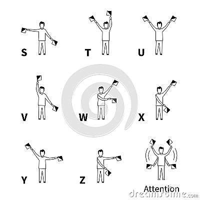 Semaphore signals alphabet, black latin letters Vector Illustration