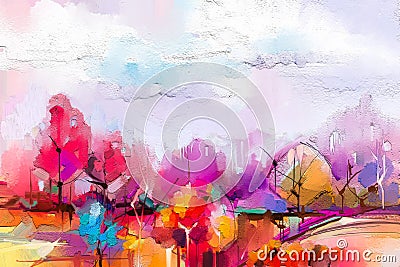 Abstract oil painting landscape. Colorful blue purple sky. Oil painting outdoor on canvas. Stock Photo