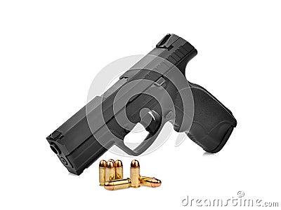 Semi automatic 9 mm handgun pistol with bullet isolated on white Stock Photo