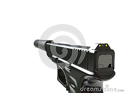 Semi - automatic modern tactical handgun with silencer - first person right hand view Stock Photo