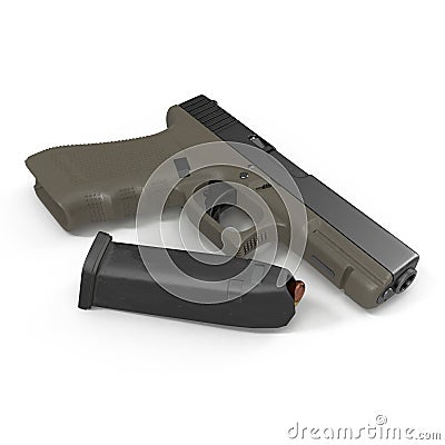 Semi automatic pistol with magazine and ammo on a white. 3D illustration Cartoon Illustration