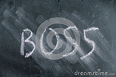 Semi-erased word BOSS on black chalkboard. Handwritten word. Fuzzy letters on black surface Stock Photo
