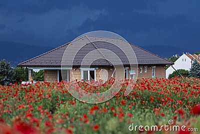 Semi-finished, half-finished house with red poppy field Stock Photo