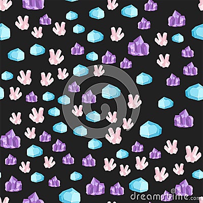 Semi precious gemstones seamless pattern mineral stone dice colorful background shiny crystalline vector illustration Vector Illustration