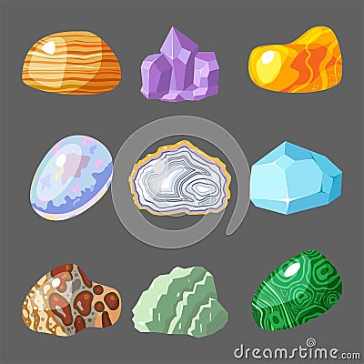 Semi precious gemstones stones and mineral stone isolated dice colorful shiny crystalline vector illustration Vector Illustration