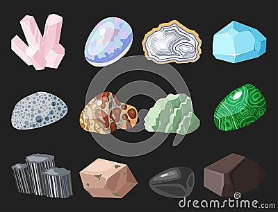 Semi precious gemstones stones and mineral stone isolated dice colorful shiny crystalline vector illustration Vector Illustration