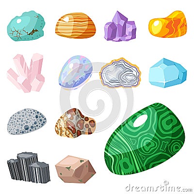 Semi precious gemstones stones and mineral stone isolated dice colorful shiny crystalline vector illustration Vector Illustration