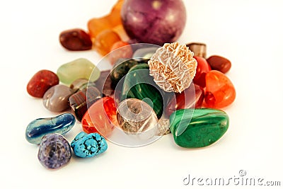 Semi precious stones / Crystal Stone Types / healing stones, worry stones, palm stones, ponder stones. Stock Photo