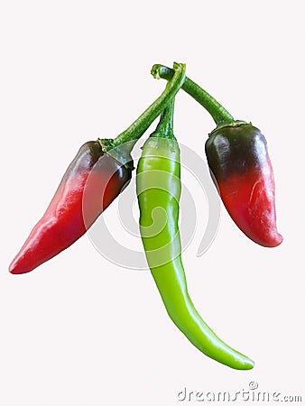 Semi ripe red and crunchy green chili isolated in white background Stock Photo