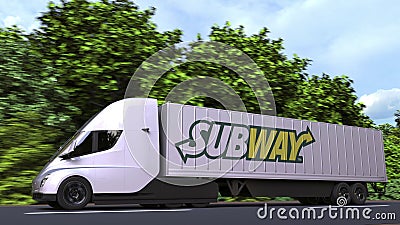 Electric semi-trailer truck with SUBWAY logo on the side. Editorial 3D rendering Editorial Stock Photo