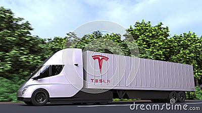 Electric semi-trailer truck with TESLA logo on the side. Editorial 3D rendering Editorial Stock Photo