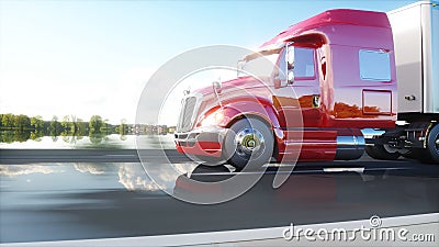 Semi trailer, Truck on the road, highway. Transports, logistics concept. 3d rendering. Stock Photo