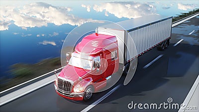 Semi trailer, Truck on the road, highway. Transports, logistics concept. 3d rendering. Stock Photo