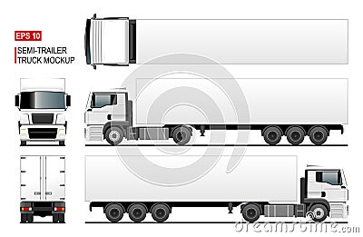 Semi trailer truck vector mockup or template for car branding and advertising. Isolated lorry, blank space. Cargo vehicle set on Vector Illustration