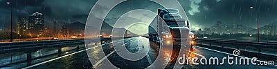Semi truck driving down a rain soaked road. Transportation in rainy day. Panoramic image Stock Photo