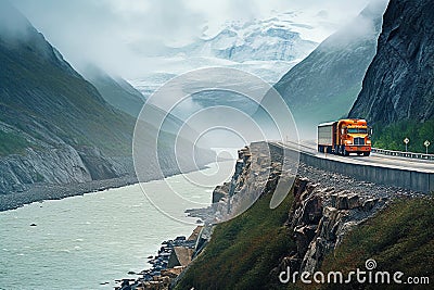 Semi-Truck Journeying Through Scenic Mountain Route - AI Generative Stock Photo