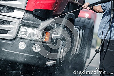 Semi Truck Pressure Washing Stock Photo