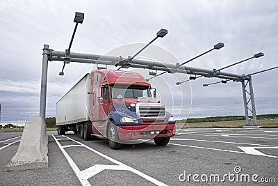 Semi truck pulled over at a weigh station Stock Photo