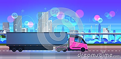 Semi truck trailer driving city road 5G online wireless system connection concept modern cityscape background express Vector Illustration