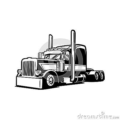 Semi truck 18 wheeler sleeper truck side view monochrome vector isolated Vector Illustration