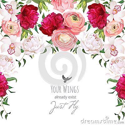 Semicircle garland frame arranged from burgundy red and white peony Vector Illustration