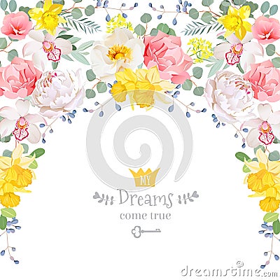 Semicircle garland frame with peony, orchid, narcissus, wild rose, eucaliptus leaves and blue berries. Vector Illustration