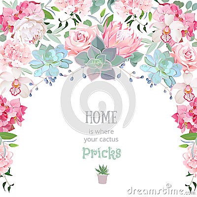 Semicircle garland frame with succulents, protea, rose, peony, orchid, echeveria, hydrangea, green plants. Vector Illustration