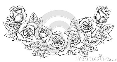 Semicircular Composition of Vintage Black and White Hand Drawn Roses Vector Illustration