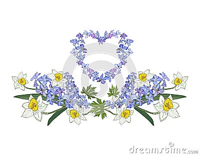 Semicircular frame and heart made of narcis and delphinium flowers. Save the date invitation template Vector Illustration