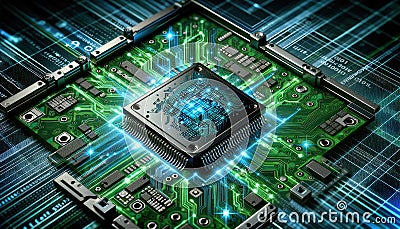 Semiconductor chips and circuit boards for AI computer, Artificial intelligence and innovative advanced technology, hologram of Stock Photo