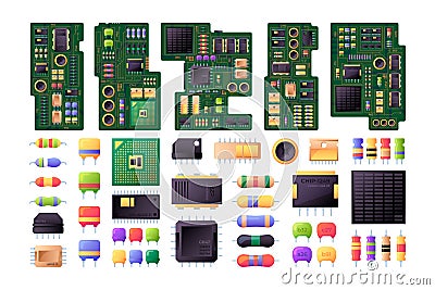 Semiconductor circuit boards. Hardware computer components microchip diodes motherboard microprocessor electronic Vector Illustration