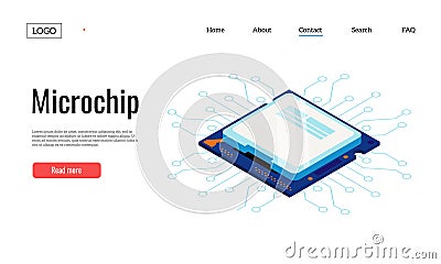 Semiconductor landing. Electronic circuit web page template with microcontroller board and electric components. Vector Vector Illustration