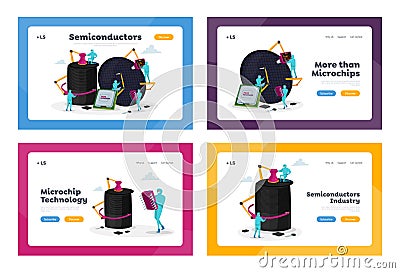 Semiconductor Manufacturing Landing Page Template Set. Facility Team of Scientist Characters Set up Micro Processor Vector Illustration