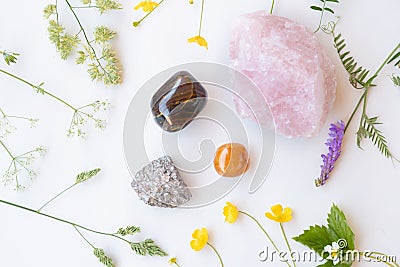 Semiprecious gemstones or crystals on white background with wild summer flowers. Stock Photo