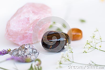 Semiprecious gemstones or crystals on white background with wild summer flowers Stock Photo