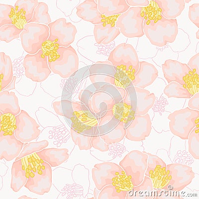 Semless pattern branch pink chamomile graphic watercolour style retro background. Hand-draw branch camomile flowers. design Vector Illustration