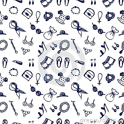 Semless vector pattern with clothes and accessory. Hand sketch drawing. Vector Illustration