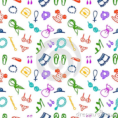 Semless vector pattern with clothes and accessory. Hand sketch drawing. Imitation of ink penciling. Vector Illustration