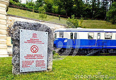 SEMMERING, AUSTRIA, OCTOBER 3, 2015: View of a blue locomotive in front of the main train station in semmering which is Editorial Stock Photo