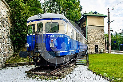 SEMMERING, AUSTRIA, OCTOBER 3, 2015: View of a blue locomotive in front of the main train station in semmering which is Editorial Stock Photo
