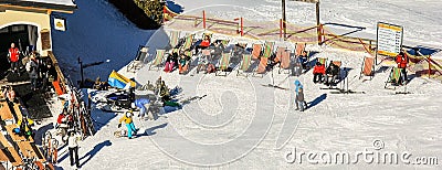 Semmering, Austria in winter. People skiing on snow covered slope in austrian Alps. Mountains ski resort - nature background Editorial Stock Photo