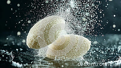 Semolina grains float separately water creating dynamic effect as they interact liquids surface. backdrop enhances Stock Photo