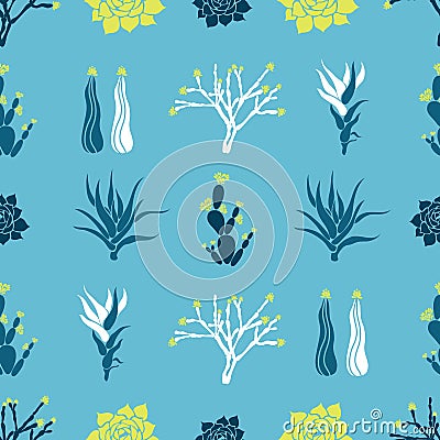 Sempervivum Haworthia Opuntia Hatiora. Seamless pattern with cacti, succulents. Vector Illustration