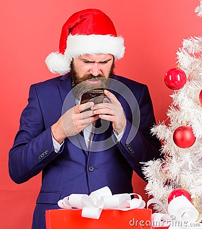 Send christmas greeting mobile message. Short christmas wishes. Manager congratulate colleagues online. Read christmas Stock Photo