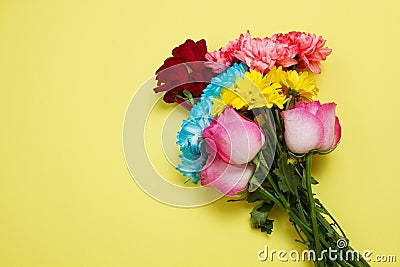 Send flowers online concept. Flower delivery for valentine and mother day. Bouquet of red pink roses isolated on yellow background Stock Photo