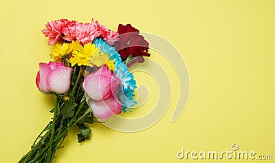 Send flowers online concept. Flower delivery for valentine and mother day. Bouquet of red pink roses isolated on yellow background Stock Photo