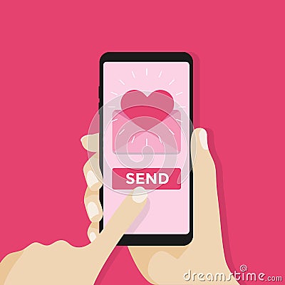 Send love sms, letter, email with mobile phone. Vector Illustration