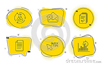 Handout, Quick tips and Chemistry experiment icons set. Send mail, File and Report timer signs. Vector Vector Illustration