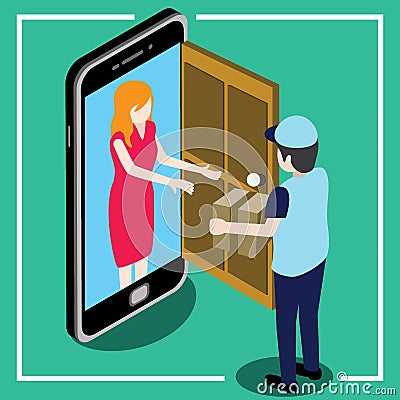 Send parcel front the door that looks like a smart phone Vector Illustration