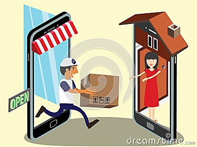 Send parcel from mobile to front the home Vector Illustration